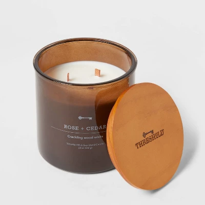 23oz XL 3-Wick Rose + Cedar Wooden Amber Glass With Wood Lid And Stamped Logo Amber - Threshold™ 2 23oz XL 3-Wick Rose + Cedar Wooden Amber Glass With Wood Lid And Stamped Logo Amber - Threshold™ - Image 2