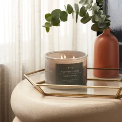 14oz Lidded Gray Glass Jar Crackling Wooden 3-Wick Candle With Paper Label Vetiver + Moss - Threshold™