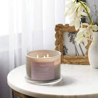 14oz Lidded Gray Glass Jar Crackling Wooden 3-Wick Candle With Paper Label Coastal Wind + Lavender - Threshold™ 1 14oz Lidded Gray Glass Jar Crackling Wooden 3-Wick Candle With Paper Label Coastal Wind + Lavender - Threshold™