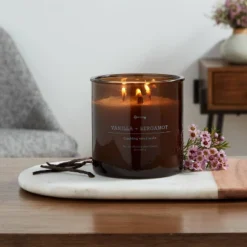 23oz XL 3-Wick Vanilla + Bergamot Wooden Amber Glass With Wood Lid And Stamped Logo Amber - Threshold™