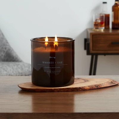 23oz XL 3-Wick Whiskey + Oak Wooden Amber Glass With Wood Lid And Stamped Logo Amber - Threshold™ 1 23oz XL 3-Wick Whiskey + Oak Wooden Amber Glass With Wood Lid And Stamped Logo Amber - Threshold™