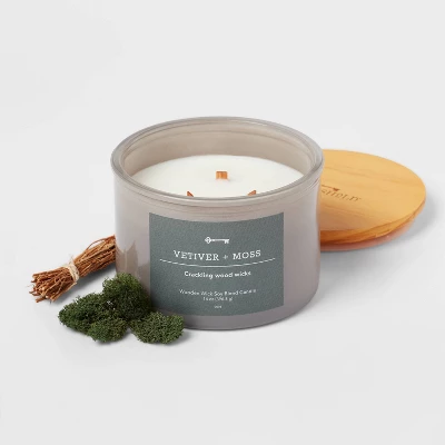 14oz Lidded Gray Glass Jar Crackling Wooden 3-Wick Candle With Paper Label Vetiver + Moss - Threshold™ 2 14oz Lidded Gray Glass Jar Crackling Wooden 3-Wick Candle With Paper Label Vetiver + Moss - Threshold™ - Image 2