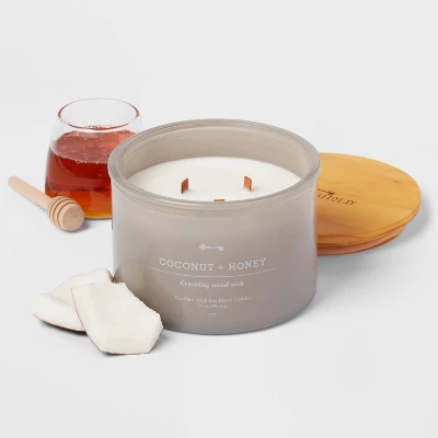 14oz Lidded Gray Glass Jar Crackling Wooden 3-Wick Candle With Clear Label Coconut And Honey - Threshold™ 2 14oz Lidded Gray Glass Jar Crackling Wooden 3-Wick Candle With Clear Label Coconut And Honey - Threshold™ - Image 2