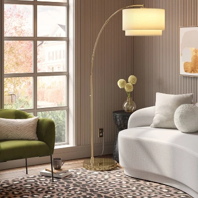 Knurled Metal Arc Floor Lamp With Tiered Shade Brass - Threshold™ 1 Knurled Metal Arc Floor Lamp With Tiered Shade Brass - Threshold™